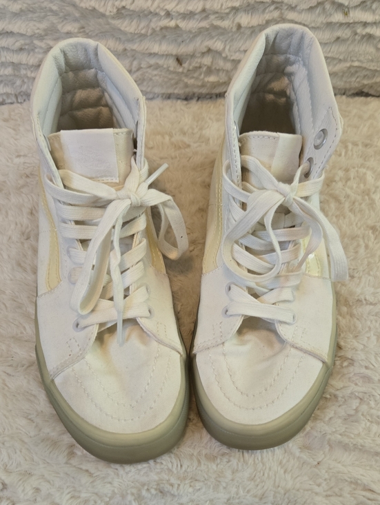 Vans Shoes - Vans Women’s High-Top Leather Sneakers in Off-White and Light Green Sole